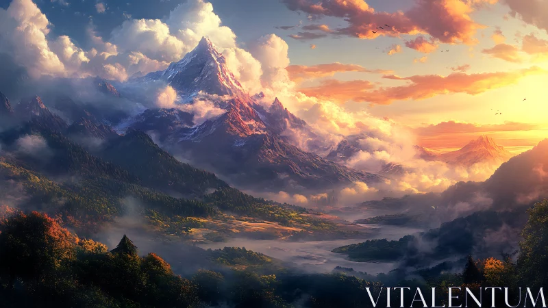 Digital painting of luminous alpine valley at sunrise panorama.