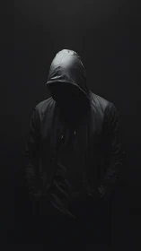 Hooded figure stands in deep shadowed minimalist darkness.