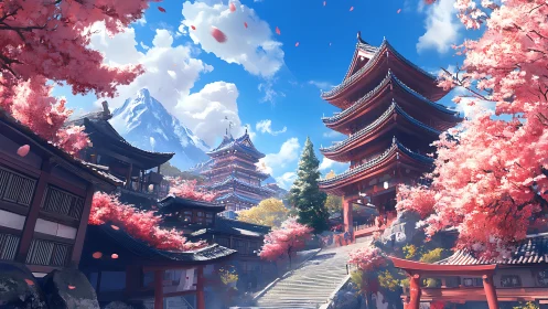 Tiered Japanese pagodas in cherry blossom valley, alpine backdrop