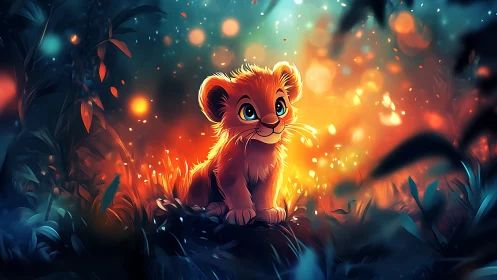 Glowing jungle cub in vivid bokeh-lit nightscape.