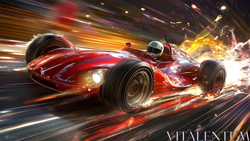 Streamlined red race car explodes through light trails at speed