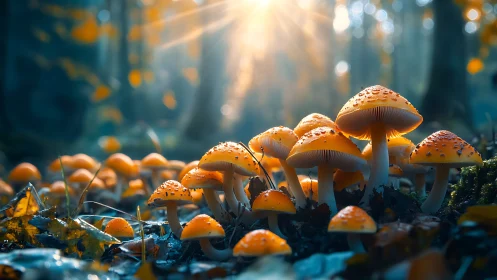 Sunlit mushroom chorus glows in a misty enchanted forest.