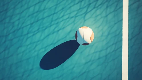Sunlit volleyball resting quietly on teal game court.