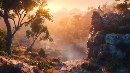 Volumetric sunrise over rocky canyon with dense foliage