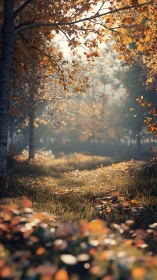 Golden Autumn Forest Path Through Mist.