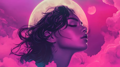 Neon lunar portrait of serene woman amid magenta vapor clouds