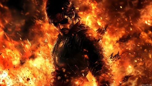 Armored lone soldier emerges through cinematic inferno glow