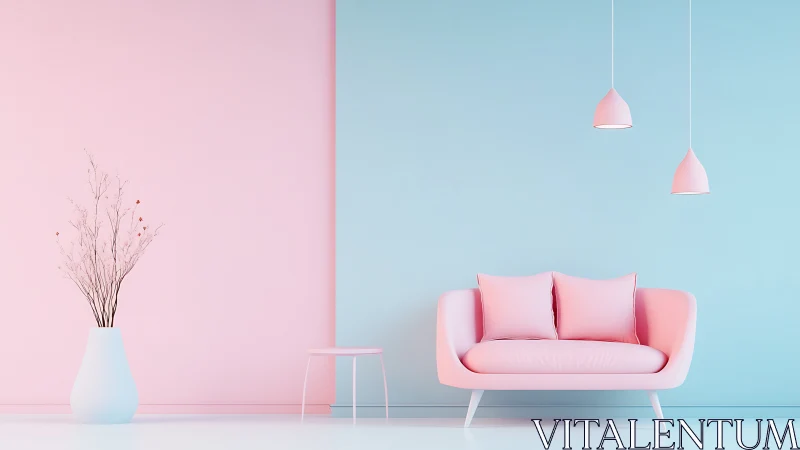 Soft pastel living room with cozy pink sofa and calm light.