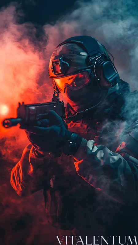 Tactical operator in red blue smoke, carbine aimed mid-action.