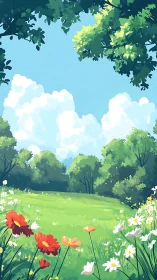 Sunny wildflower meadow under bright summer clouds.