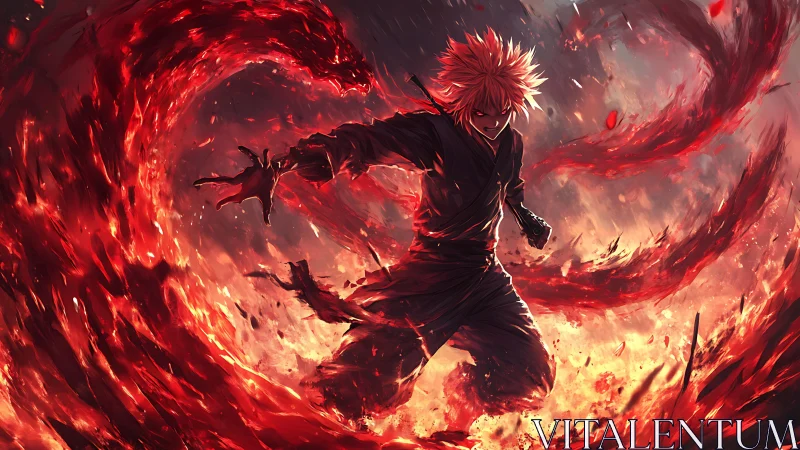 Fiery anime warrior commands erupting inferno with dynamic motion
