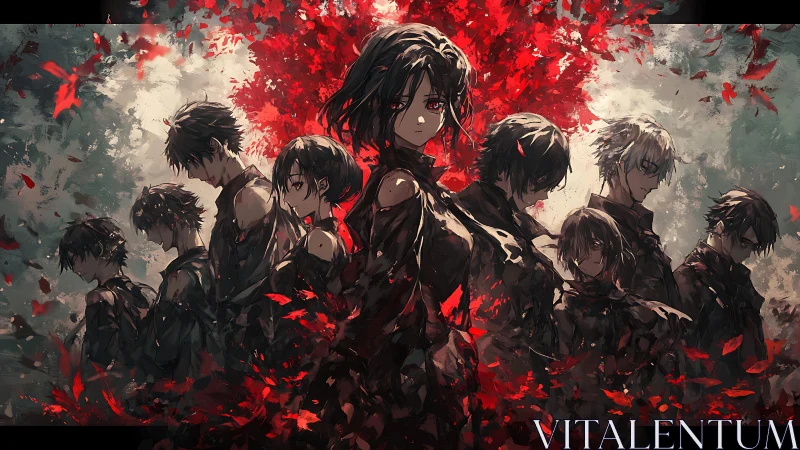 Group of anime characters stand amid swirling red leaves.