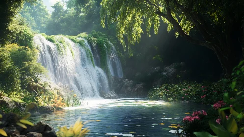 Lush forest waterfall flowing into calm reflective pond.