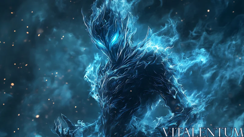 Ethereal blue energy humanoid figure in swirling void.