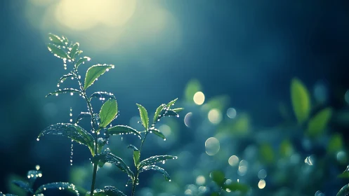 Dawnlit dew sprites dancing on sapphire morning leaves.