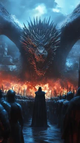 Armored army faces massive dragon over burning battlefield