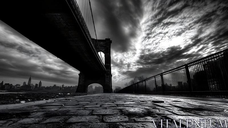 Monochrome urban bridge structure over cobblestone walkway.