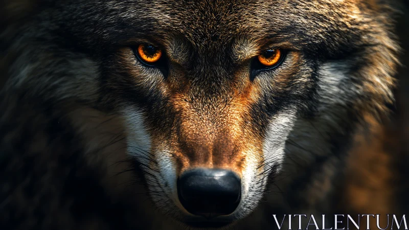 Close-up frontal view captures detailed wolf facial features