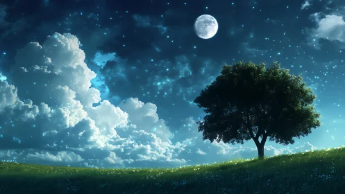 Moonlit tree stands against glowing clouds and starry night.