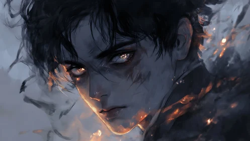 Male figure with ember-lit gaze in dark painterly scene.