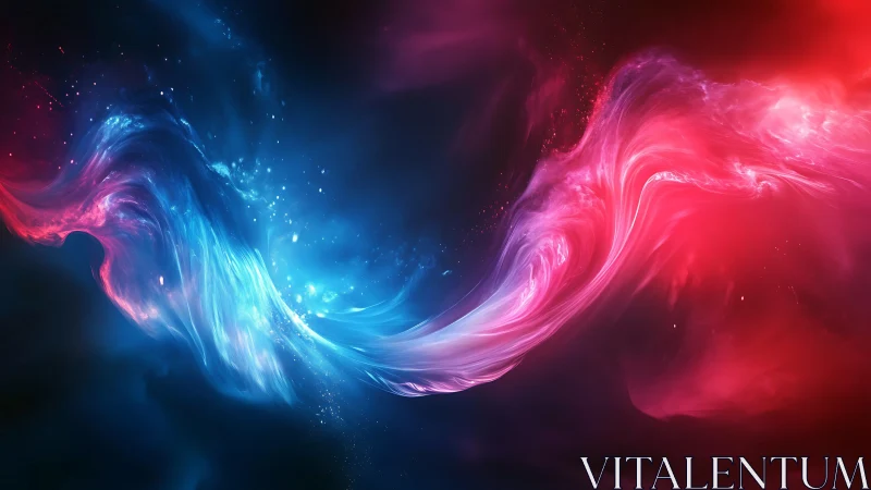 Abstract blue and red light waves in dark digital space.