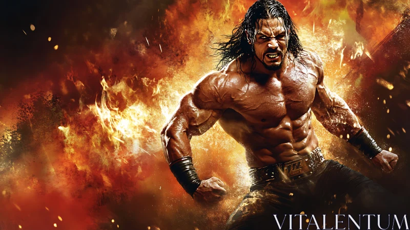 Molten-ring gladiator roaring through a wildfire stormscape.