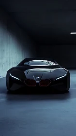 Low-lit frontal view shows streamlined black concept car