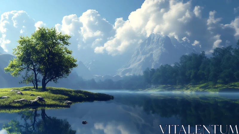 Solitary lakeside tree beneath towering alpine clouds.