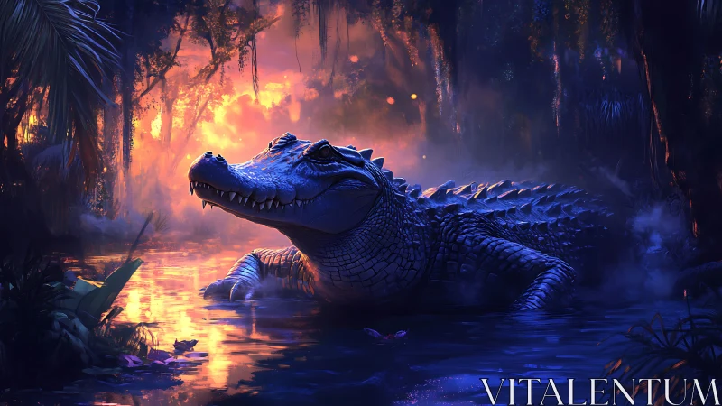 Crocodile in volumetric-lit swamp with high-contrast rim lighting