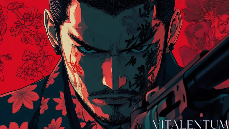 Tattooed gunman glares ahead amid crimson floral backdrop.