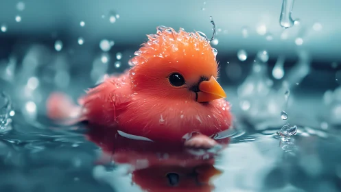 Small stylized orange bird model sits in shallow reflective water