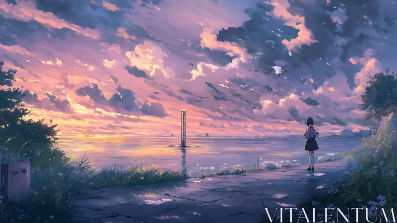 Littoral dusk panorama with solitary figure and stratified clouds.