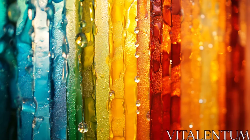 Chromatic rainfall melting across glassy rainbow walls.