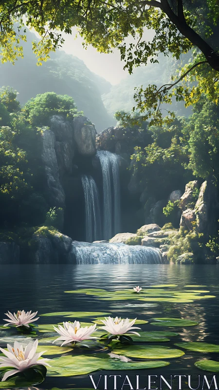 Tranquil forest waterfall with lilies on reflective pond.