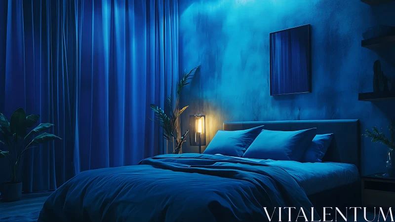 Blue-lit modern bedroom interior shows controlled lighting