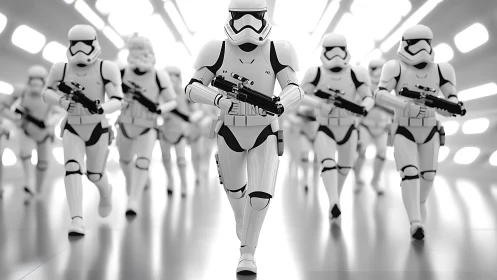 Stormtrooper squad advances through high key corridor with rifles