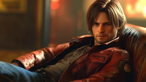 Cinematic 3D portrait of relaxed man on leather sofa interior.