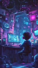 Young coder in neon cyberpunk workstation at night.