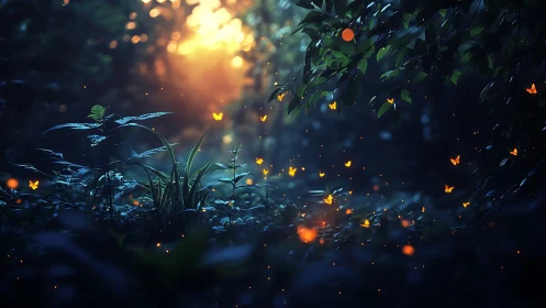 Bioluminescent butterflies in dusk forest volumetric glow.