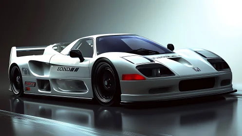 Low-angle render shows white Honda race car on reflective floor