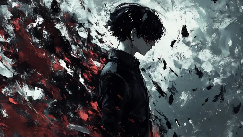 Side-profile anime figure amid contrasting abstract strokes