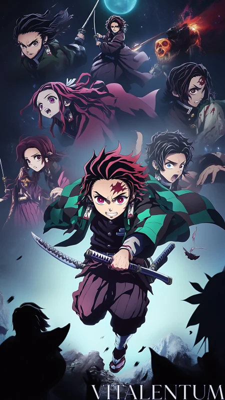 Anime demon slayers charge under moonlit battle sky.