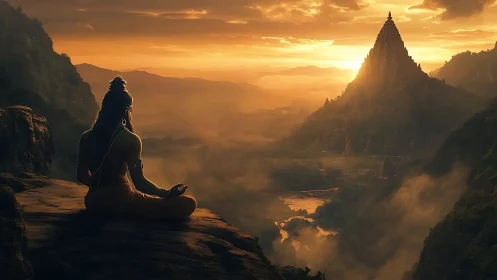 Meditating ascetic overlooking tiered mountain temple at sunrise