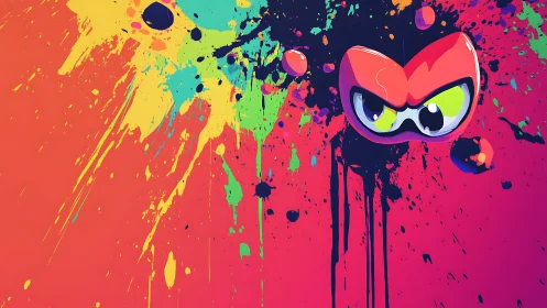 Cartoon mask floats over multicolor paint splatter background