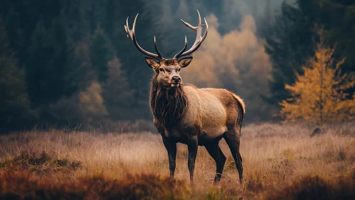 Male elk standing in autumn meadow with forest backdrop.