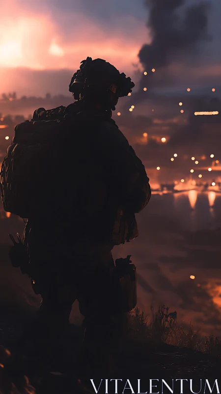 Silhouetted soldier surveys burning valley under dusk sky