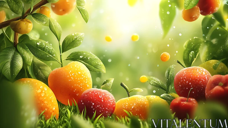 Dew-covered orchard fruits under diffuse backlit sunrise glow