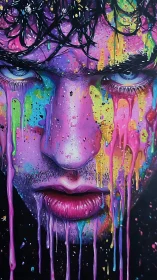 Neon painted face melts into dripping emotional color storm