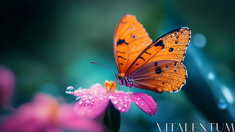 Rain-kissed orange butterfly poised on luminous pink petals.