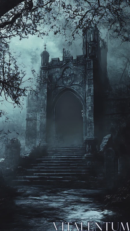 Fog-drowned gothic gate whispering toward the forgotten beyond.